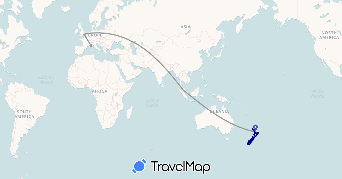 TravelMap itinerary: driving, plane in France, United Kingdom, Malaysia, New Zealand (Asia, Europe, Oceania)